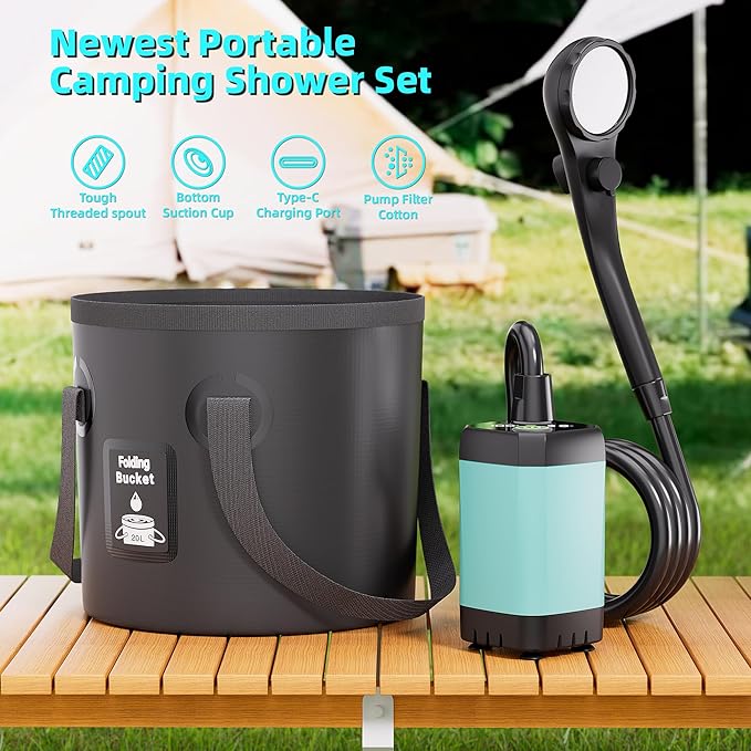Moriko Portable Camping Shower, 6000mAh Rechargeable Shower Pump, Filtered Shower Head & 5 Gallons Foldable Bucket, Outdoor Shower for Hiking Beach, Travel, Pet Bath, Car Washing, Surf & Boat Cleaning