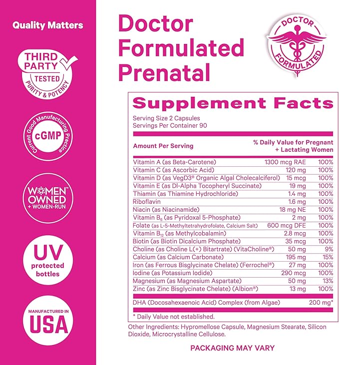 Pink Stork Total Prenatal Vitamins with DHA, Folate, and Iron, 3 Month Supply to Help Support Fetal Development, Pregnancy Must Haves - 180 Capsules