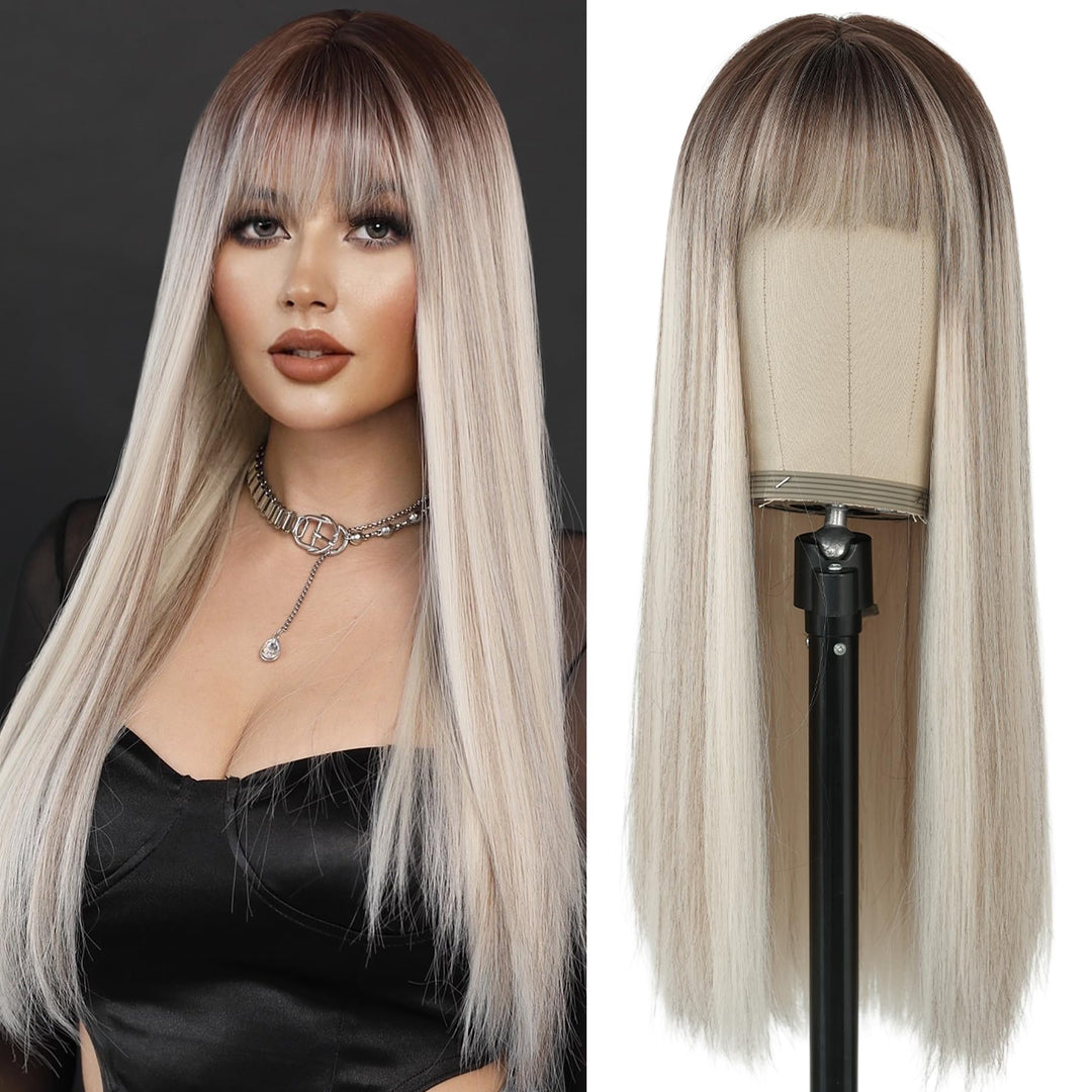 7Jhh Wigs 26Inch Long Straight Wig With Bangs Platinum Blonde Wig Heat Resistant Ombre Blonde Synthetic Wig With Dark Roots Make