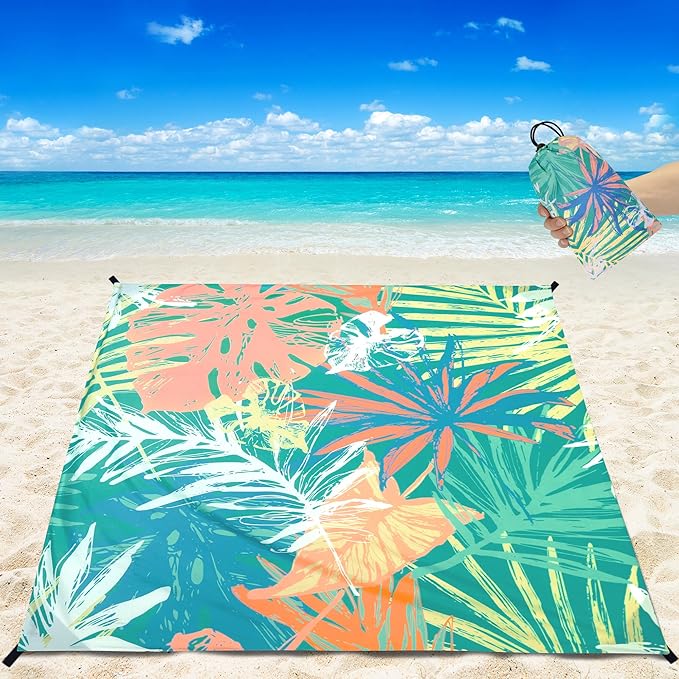 Beach Blanket Waterproof Sandproof Beach Mat 79”x 83” for 1-4 Adults Quick Drying Durable Outdoor Picnic Mat for Beach Festival Travel Camping Hiking (Colorful-Palm, 79"×83"(4 Person))
