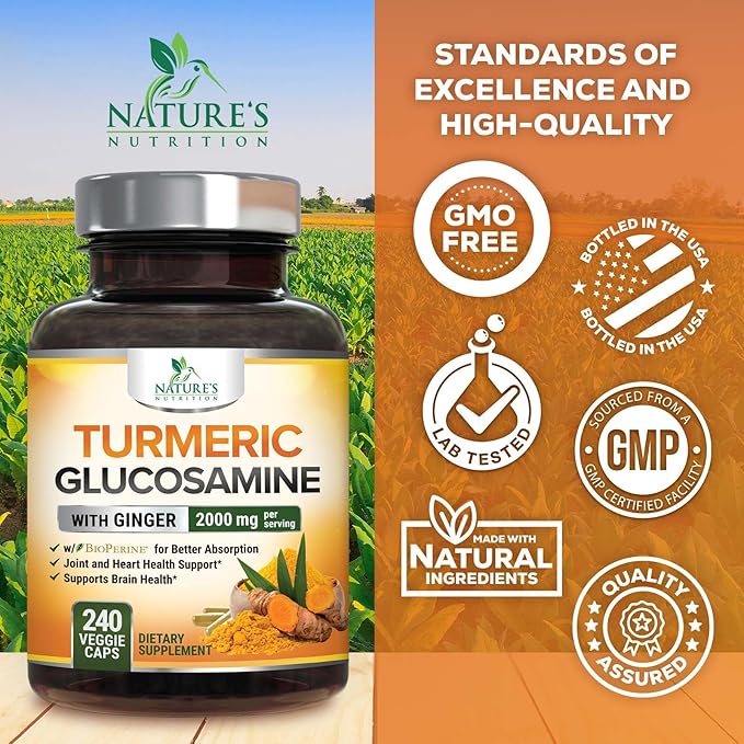 Turmeric Curcumin Supplement 2000mg with Glucosamine Chondroitin & Ginger, 95% Curcuminoids, BioPerine Black Pepper for Best Absorption, Nature's Joint Support, Non-GMO, Bottled in USA - 240 Capsules