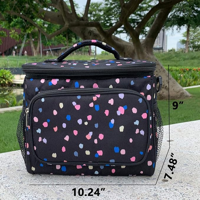 FlowFly Insulated Reusable Lunch Bag Adult Large Lunch Box for Women and Men with Adjustable Shoulder Strap,Front Zipper Pocket and Dual Large Mesh Side Pockets,BlackFlower