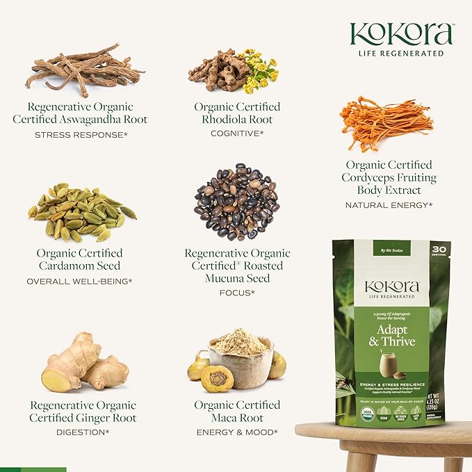 Adapt & Thrive - Organic Ashwagandha Root Powder - Cordyceps with Rhodiola & Maca Root - Energizes & Promotes Healthy Stress Response* - Vegan, Gluten Free, No Added Sugar - 30 Servings - 120g