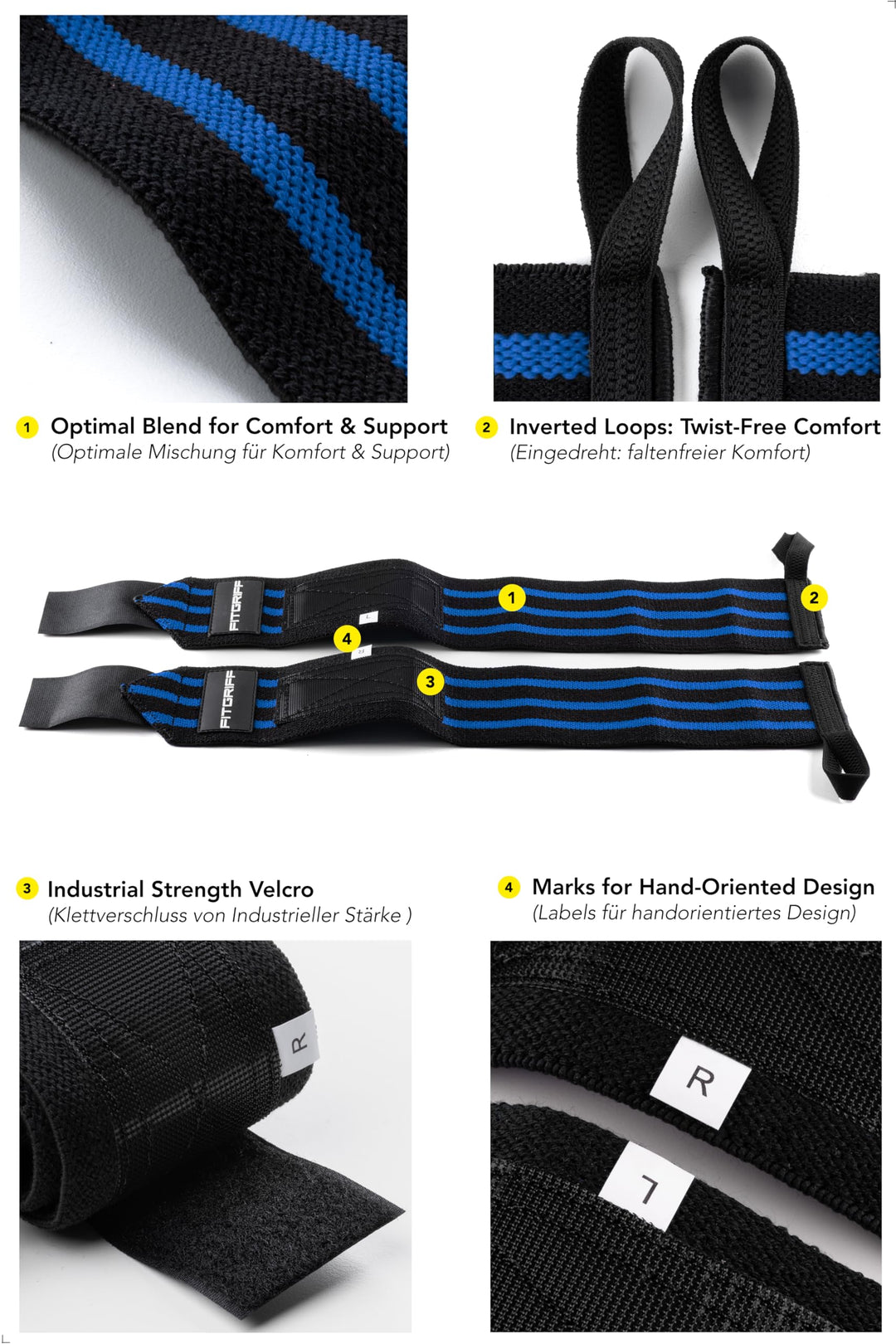 Fitgriff® Wrist Wraps for Weightlifting (18") Heavy-Duty Support for Gym, Bench Press, and Pushups (1 Pair) - for Men and Women (Black/Blue)