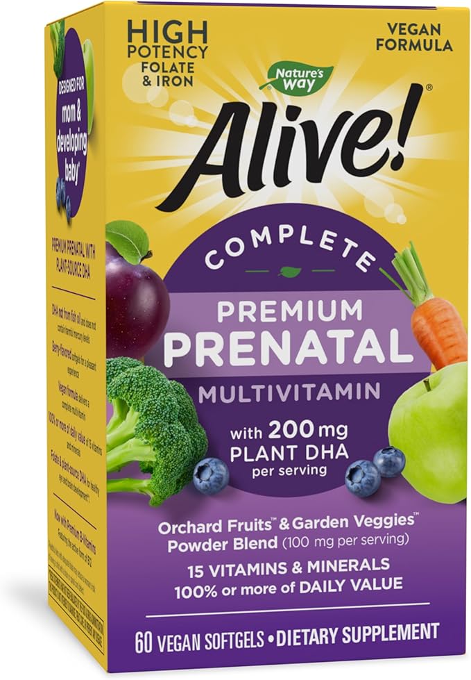 Nature's Way Alive! Complete Premium Prenatal Multivitamin for Women, Healthy Eye and Brain Development*, 60 Vegetarian Softgels