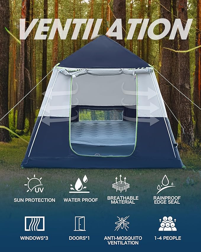 14.1'x6.5'x9' Inflatable Tents for Camping, Portable 6/8/10 Person Blow Up Air Tent, Waterproof Windproof Easy Setup Large Family Tent with 2 Doors, 6 Windows, Mosquito Screen