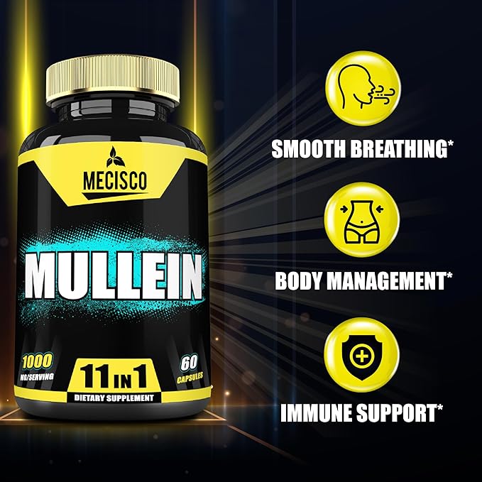 Mullein Leaf Supplement with Panax Ginseng Root, Cordyceps Sinensis & More - 60 Capsules - 11in1 Support Respiratory Health, Immune System, Energy Production, and Ability to Remember