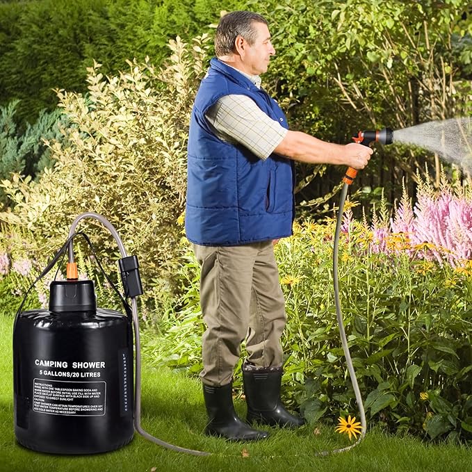 5 gallon/20L Water Bag,Portable Outdoor Camping Shower,Sun Heating,Electric Shower,8 Spray Modes,with Built-in Thermometer,Suitable for Hiking/Backpacking,Camping,Travel,Beach,Pets,Flowers