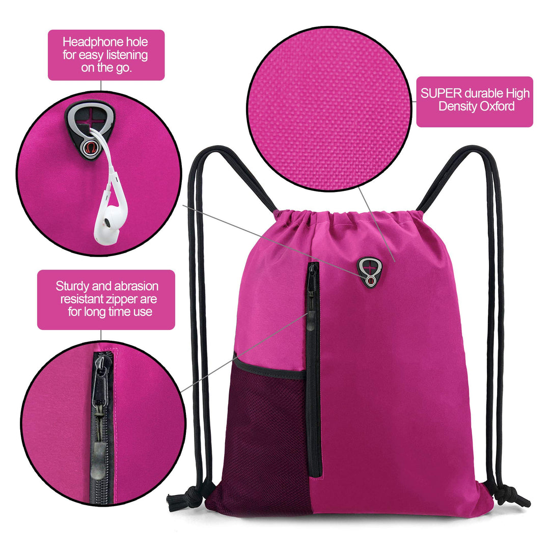 BeeGreen Pink Cinch Sack Drawstring Backpack For Women With Water Bottle Pocket &Two Zippered Pocket Large Sports Gym Sackpack For Traveling Yoga Beach Outdoor