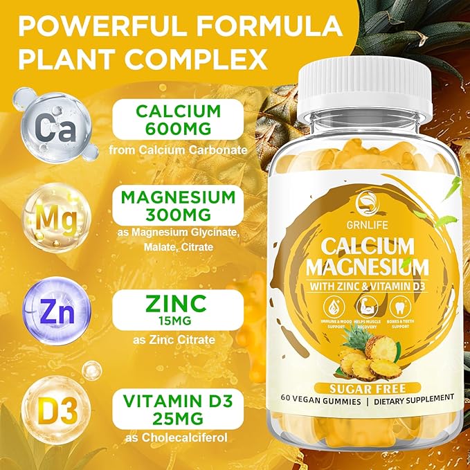 Calcium Magnesium Zinc Gummies with Vitamin D3, Sugar Free Calcium Gummies for Women Men, High Potency Magnesium Gummies for Bone & Muscle & Immune Health, Pineapple Flavor - 60 Count
