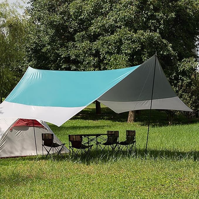 12X14FT Camping Tarp with 2 Poles, UV UPF50+ Lightweight Car Awning Sun Shelter, PU3000 Waterproof Tarp for Camping, Hiking and Backpacking Trips