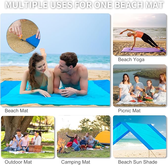 Beach Blanket Sandproof, Extra Large Beach Mat 120'' x 106'' Oversized Big & Compact Travel Mat Quick Drying, Lightweight, Pockets Picnic Mat for Beach, Camping, Hiking