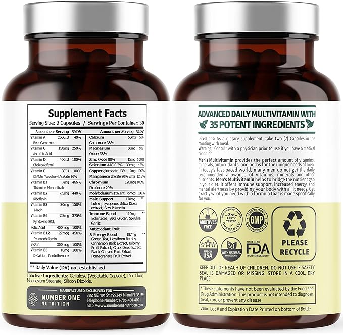 Number One Nutrition N1N Premium Uric Acid Support and Men's Multivitamins, All Natural Supplements to Support Energy Levels, Prostate Health and Urinary Tract Functions, 2 Pack Bundle