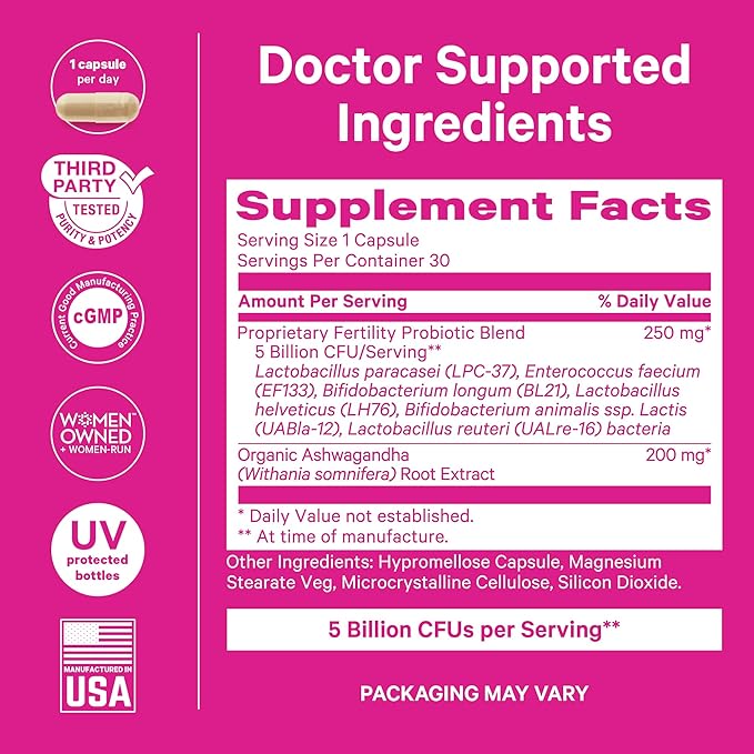 Pink Stork Fertility Support Probiotics for Women with Ashwagandha for Vaginal Health, Conception, pH Balance, Hormone Balance, and Gut Flora, Fertility Supplements for Women, 30 Capsules