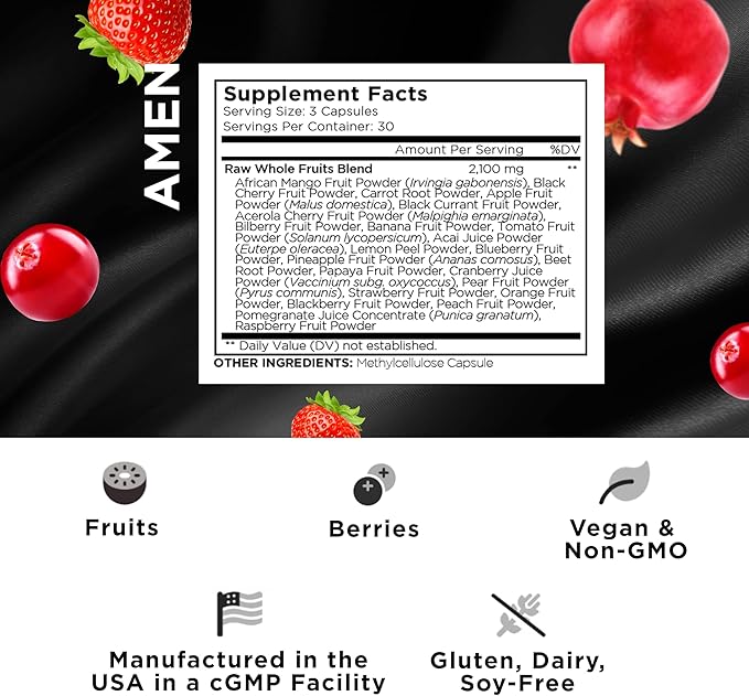 Amen Fruits, Daily Fruits Vitamins Supplements, Over 20 Whole Fruit Extracts - Raw Multivitamin, Berries, Antioxidant Polyphenols Superfood & Flavonoids - Non-GMO - 90 Capsules