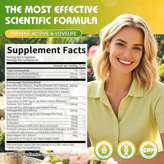 Menopause Turmeric Supplements for Women - Turmeric Capsules with Boswellia/Ashwagandha/Black Cohosh Extract for Mood, Sleep,Joint & Bone - 60 CT Probiotic Compound