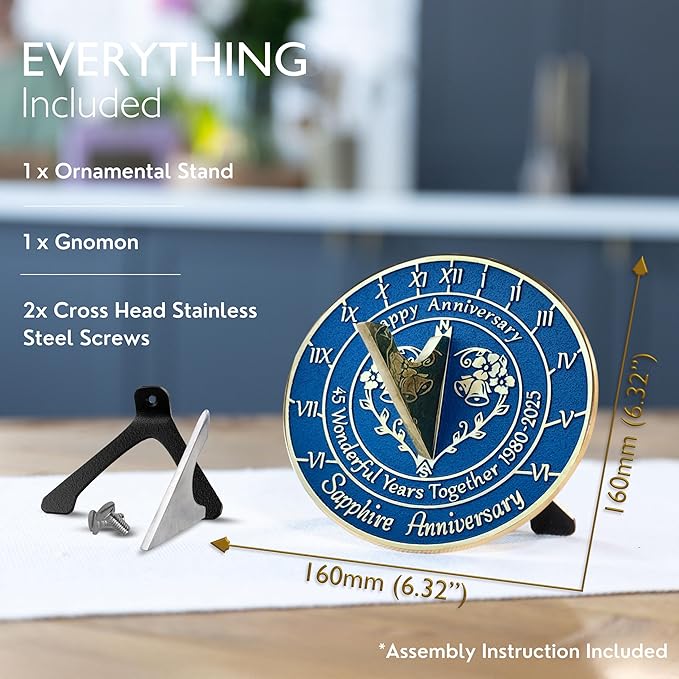 Metal Foundry Personalized Sapphire 45th Sundial - Heavy Duty Recycled Brass Home Decor, Garden Present Made in The UK for Parents, Grandparents, Friends, Couples 45 Years Marriage