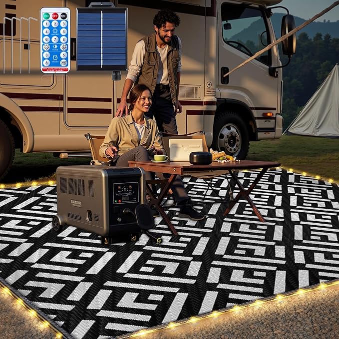 8x10Ft Outdoor Rug, Solar Powered Outdoor Camping Rug with 111LEDs Strip Lights, Waterproof Plastic Reversible Outdoor Straw Rug, Rug Mat for RV Camping Patio House Deck Beach Balcony Picnic