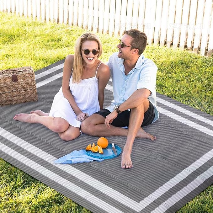 5'x 8' Outdoor Rug,Waterproof Reversible Patio Rugs,5x8 ft Plastic Straw Outdoor Carpet Foldable Plastic Camping Mat for Outside RV, Patio,Picnic,Camper,Balcony,Porch(White&Gray)