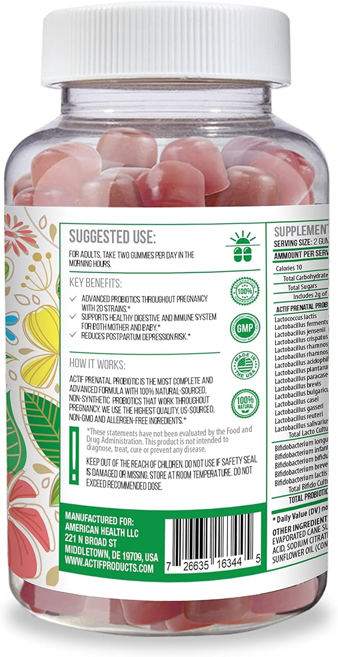 ACTIF Prenatal Probiotic Maximum Strength with 75 Billion CFU and 20 Strains, Immunity and Gut Support, Zero Nausea Formula - Made in The USA, 60 Gummies, Strawberry Flavor