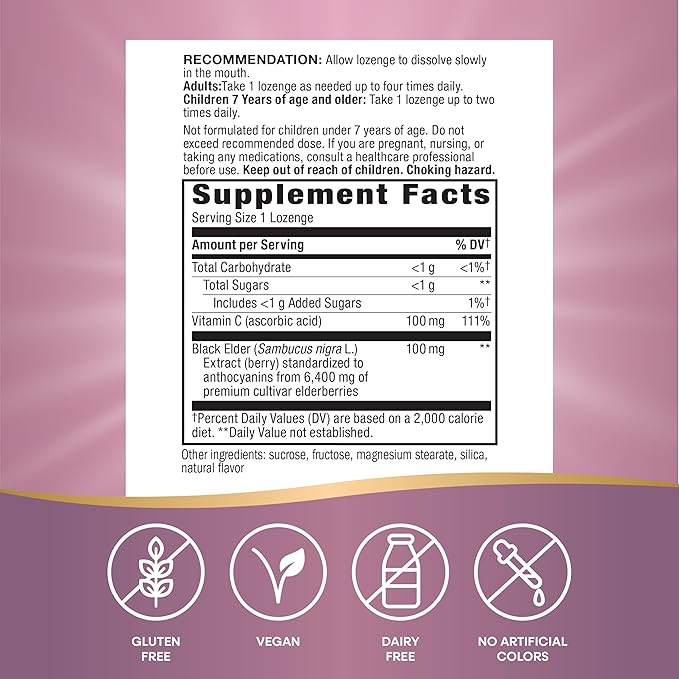 Nature's Way Sambucus Immune Lozenges, with Vitamin C, Black Elderberry Extract, Immune Support*, 30 Lozenges (Packaging May Vary)