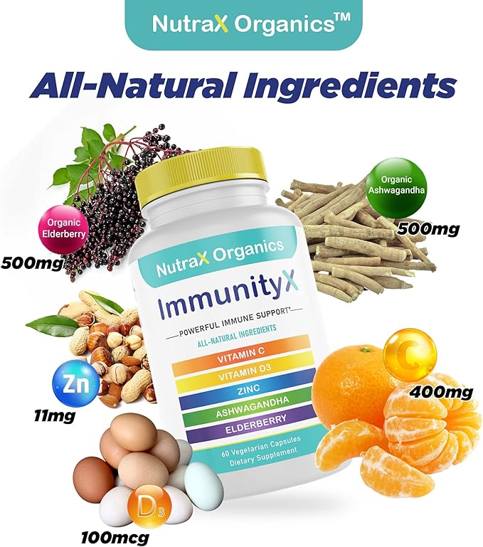 All-in-One Organic Immune Support Supplement 60 Vegan Capsules - Elderberry 500mg, Ashwagandha 500mg, 400mg Vitamin C and Zinc - Vitamin D3 - Immune Boosters for Adults