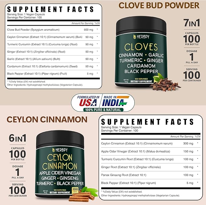 Bundle 7in1 Cloves Supplement & 6in1 Premium Ceylon Cinnamon Supplements - Support Immune, Digestion Health and Body Balance