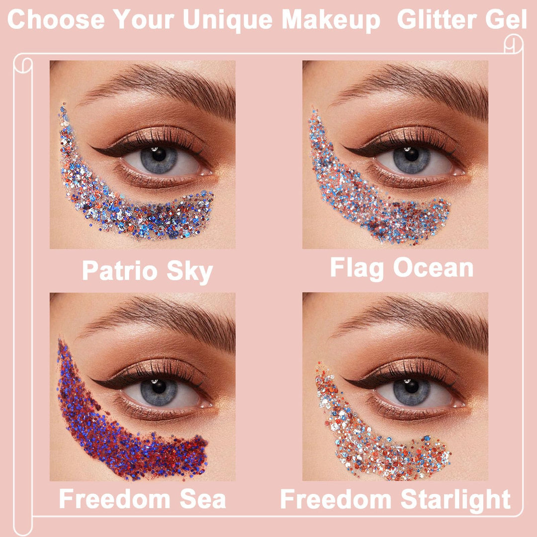 Boko 50ML Body Glitter Gel, Red White Blue Chunky Glitter for Face Hair Body Pride Makeup, Patriotic Glitter for Independence Day Mardi Gras Flag Party Rave Accessories