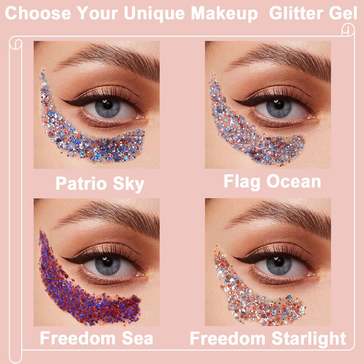 Boko 50ML Body Glitter Gel, Red White Blue Chunky Glitter for Face Hair Body Pride Makeup, Patriotic Glitter for Independence Day Mardi Gras Flag Party Rave Accessories