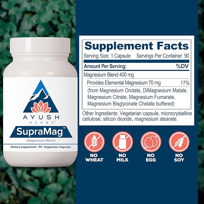 Ayush Herbs SupraMag - Magnesium Blend, 400mg Magnesium Complex Supplement with Chelated Magnesium Bisglycinate, Citrate, Ororate for Sleep, Energy, & Brain Health - 90 Vegetarian Capsules (1 Count)