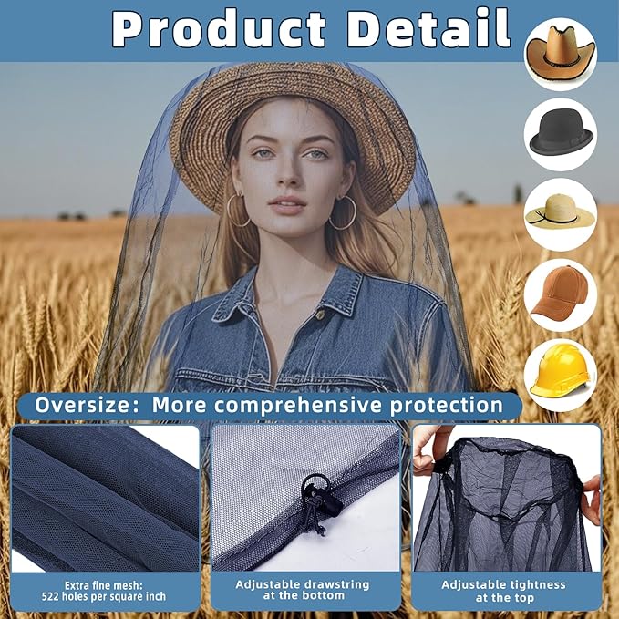 2 Pack Ultra Large Mosquito Net 42x25 Inches Mosquito Head Net Oversized Insect Netting Bug Fits Most Hats for Gardening Hiking Fishing Traveling(Navy Blue)
