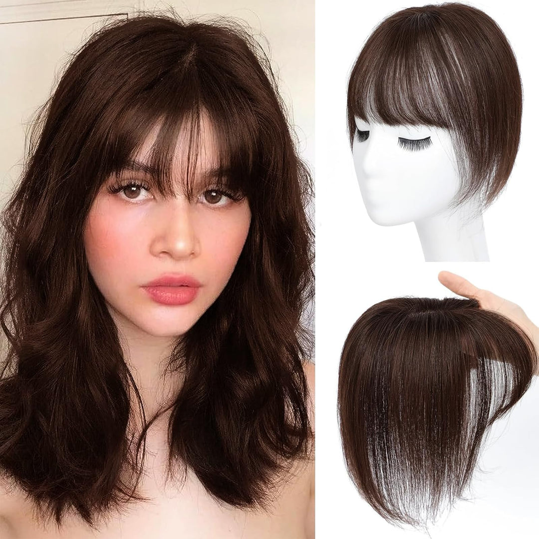 Amchoice Hair Toppers for Women Real Human Hair, Clip 360° 3D Cover, Human Toppers for Women Daily (Mocha Brown, 3D Wispy Bangs (5 * 9))