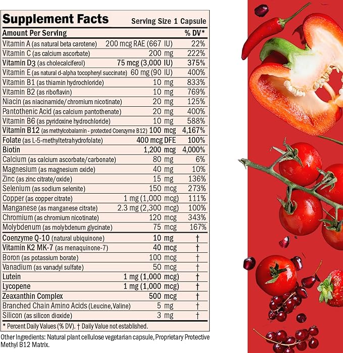 ANDREW LESSMAN Essential-1 Multivitamin 3000 IU Vitamin D3 60 Small Capsules - 100 mcg Methyl B12. CoQ10 Lutein Lycopene Zeaxanthin. High Potency. No Additives. Ultra-Mild. One Daily Capsule