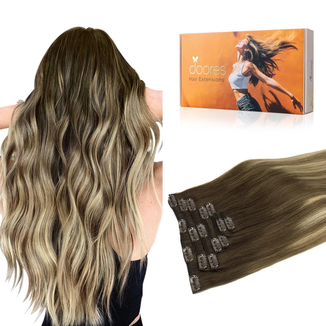 Doores Clip In Hair Extensions Balayage Walnut Brown To Ash Brown And Bleach Blonde 120G 7Pcs 16 Inch Human Hair Extensions Clip