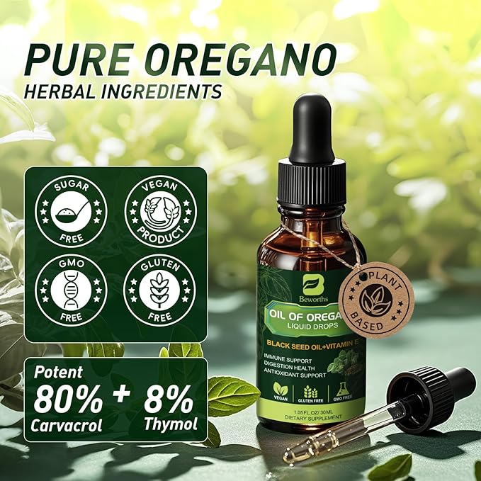Oregano Oil Drops, Oil of Oregano with Black Seed Oil, Vitamin E, Oregano Supplement Herbal Blend for Immune & Antioxidant Support, Digestive, Overall Health | Vegan, Sugar-Free, Non-GMO, 1 Fl Oz