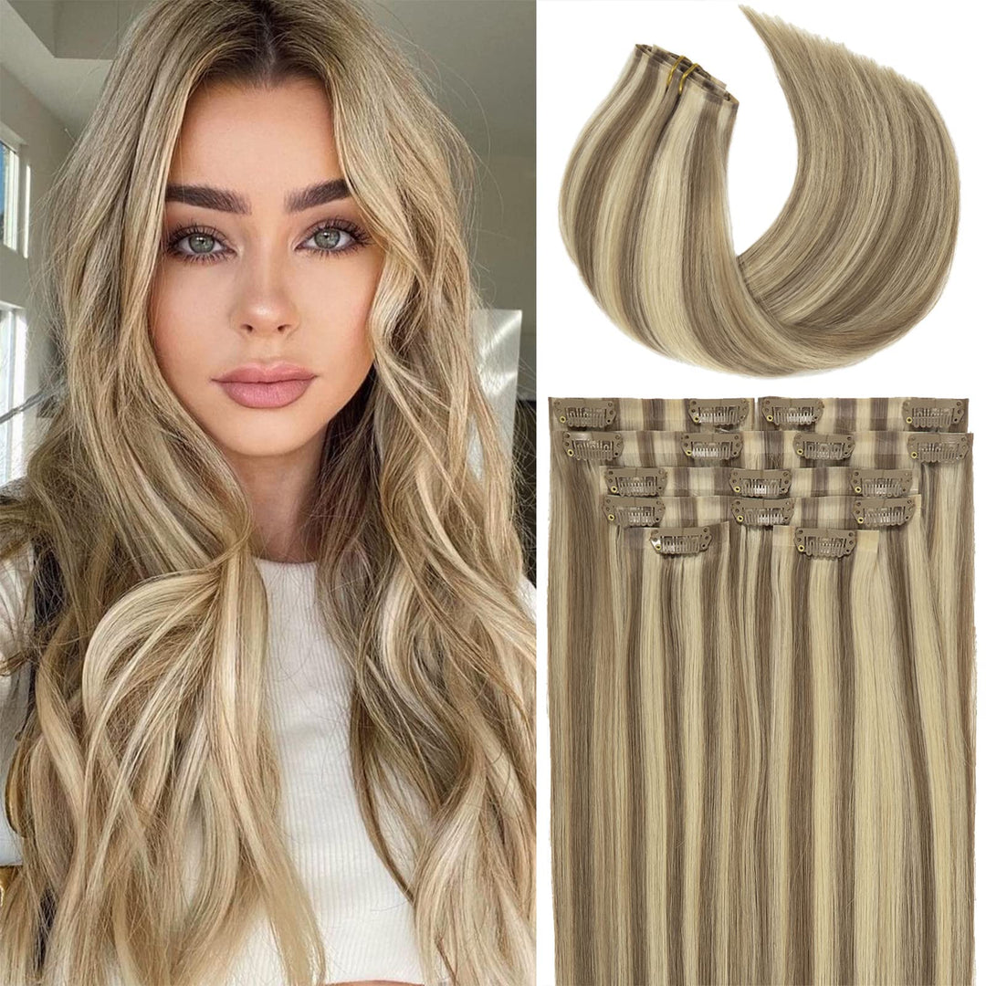 Lacer Hair Seamless Clip In Hair Extensions Human Hair Highlight Color Light Brown With Platinum Blonde 7Pcs Invisible Pu Skin W