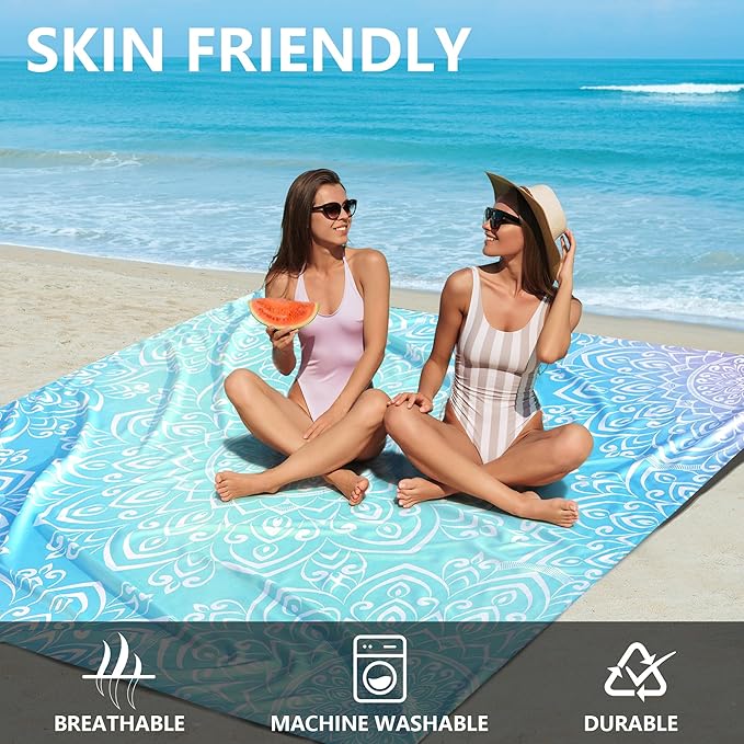 Beach Blanket Waterproof Sandproof Beach Mat Quick Drying Durable Outdoor Picnic Mat for Beach Festival Travel Picnic Camping Hiking (Gradiant Blue-Mandarin,79"×83"(4 Person))