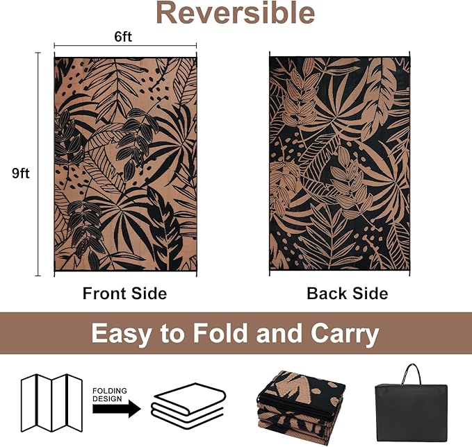 Anidaroel Leaf Outdoor Rugs 6x9ft for Patios Clearance Waterproof, Reversible Tropical Plastic Straw Camping Mat Outside Rug, Large Outdoor Area Rug for RV, Deck, Balcony, Picnic(Black/Brown,6'x9')