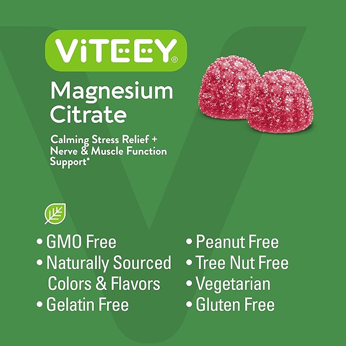 Magnesium Citrate Gummies for Adults & Teens - 66mg, Supports Calm Mood, Optimal Relaxation, Muscle Function - Vegetarian, Gelatin Free, GMO Free - Tasty Chewable Raspberry Flavored Gummy