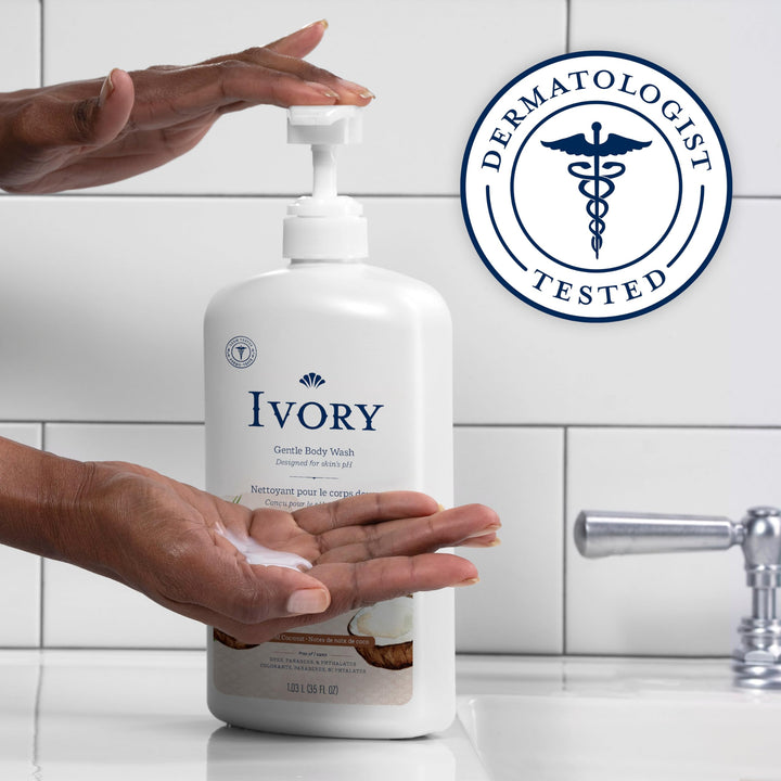 Ivory Gentle Body Wash, Designed for the Whole Family, Free of Dyes Heavy Perfumes Parabens Phthalates & Silicones, Coconut Scent, 35 oz