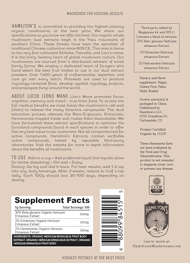 Hamilton’s Lucid Lion’s Mane | Organic Mushroom Extract Powder for Synapse Repair, Nerve Growth Factor, Focus, Memory, and Concentration | High Potency | 30% Beta Glucans | GF, Non-GMO, Vegan (100g)