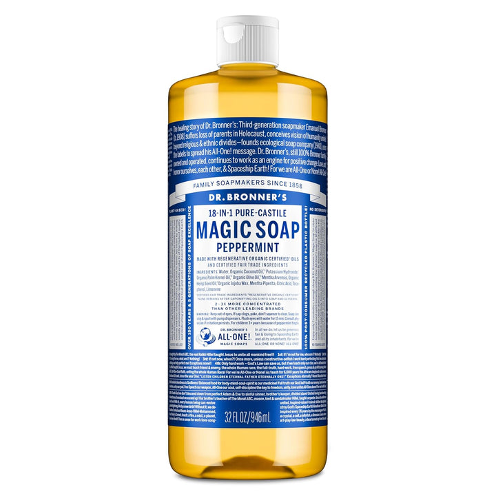 Dr. Bronner's Pure-Castile Soap | Peppermint Liquid, 1 Gallon – Eco-Friendly Hand & Body Wash