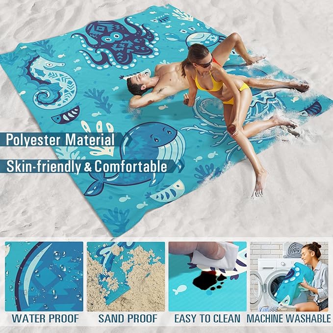 Beach Blanket Sandproof Waterproof 78''×81''1-5Adults Oversized,Compact Lightweight Durable Beach Mat for Travel Camping Hiking Picnic Blanket