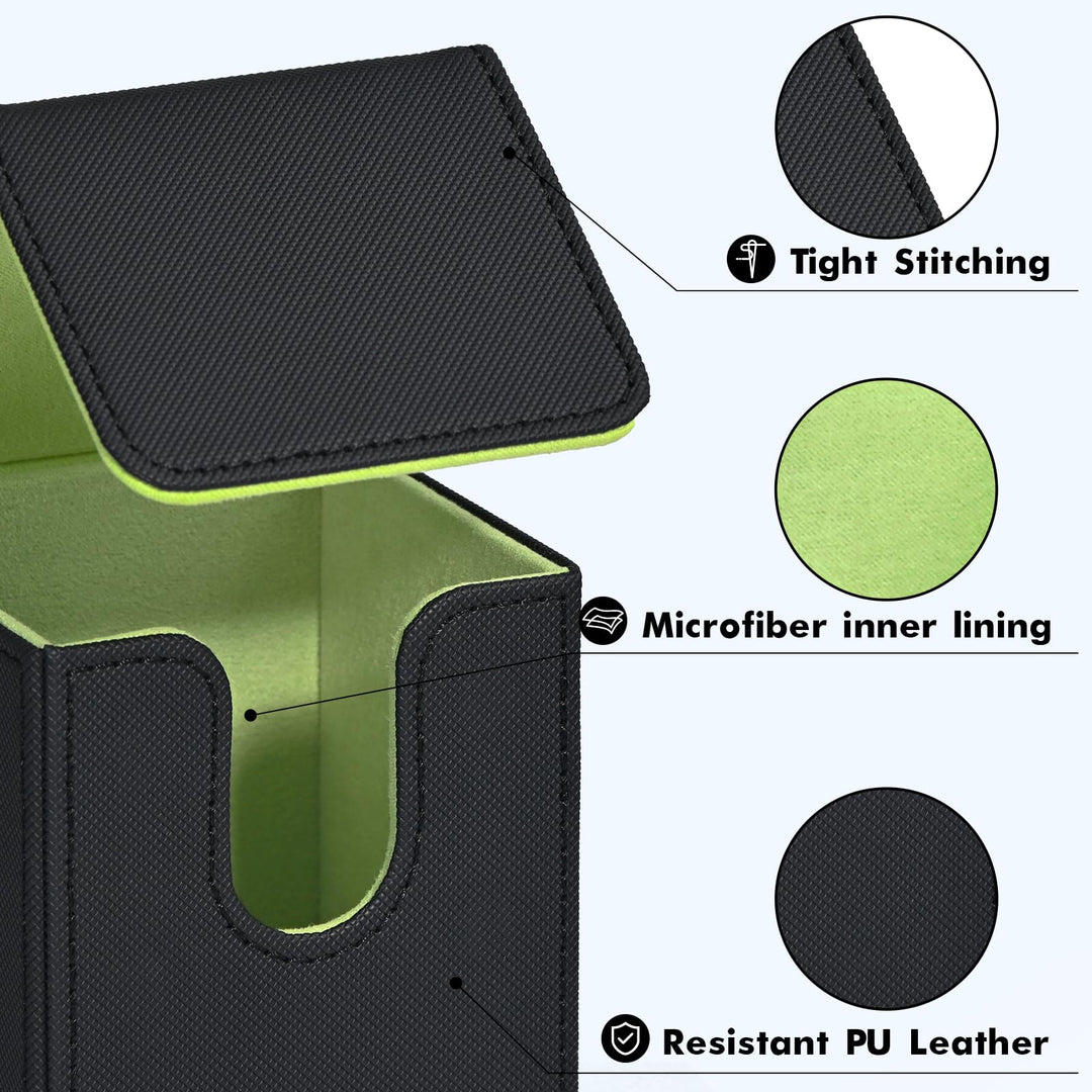 ZLCA Card Deck Box for Trading Cards, MTG YuGiOh Deck Case Holds 100+ Single Sleeved Cards, PU Leather Magnetic Card Storage Box Fits for TCG CCG Magic Game Cards (Black& Green)