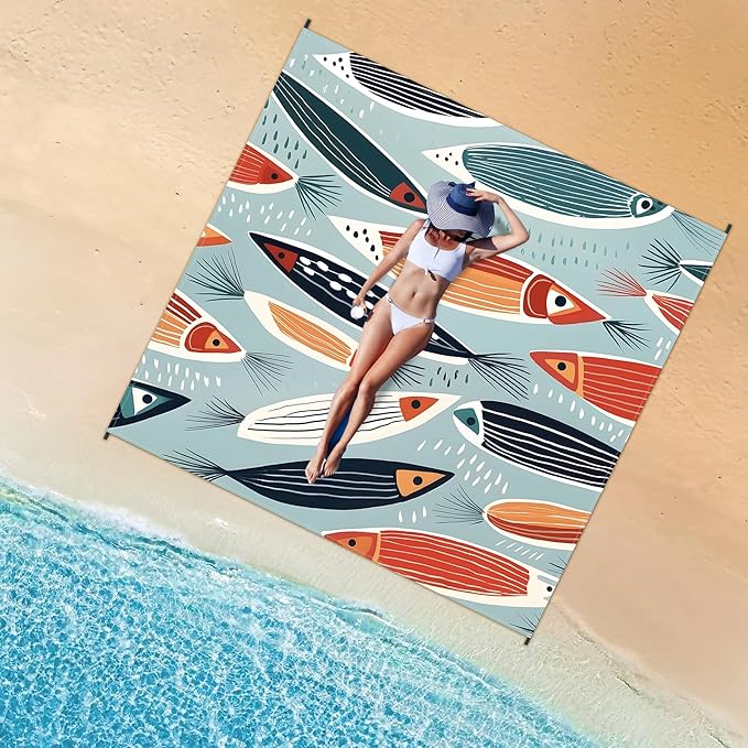 Large Beach Blanket Waterproof Sandproof 79"x 83" for 1-4 Adults,Quick Drying Beach Mat,Lightweight & Durable,Beach Essentials for Family Beach Camping Travel Picnic(Small Fish)