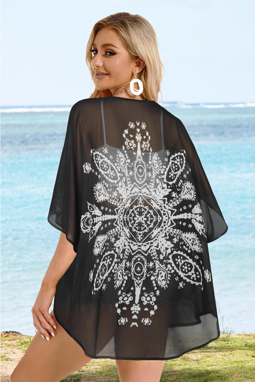 Summer Kimono Cardigan for Women Sheer Boho Tops Casual Open Front Swimwear Shirts Beach Cover ups (Caftan Black,S)