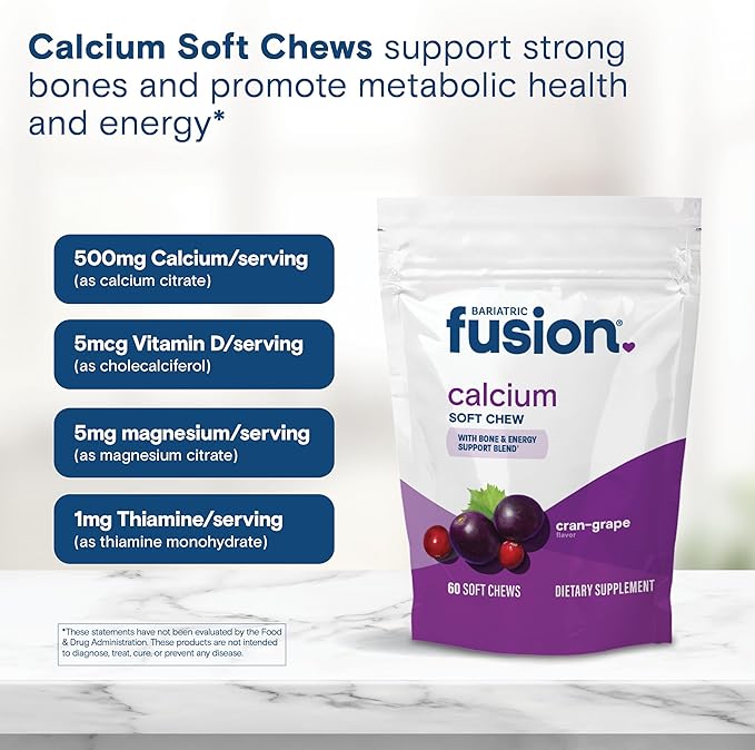 Bariatric Fusion Bariatric Calcium Chews | Calcium Citrate with Vitamin D3 Calcium Supplement Bariatric Vitamin | Sugar Free Calcium Citrate Chewable | Calcium Citrate 500mg | Cran Grape | 60 Count