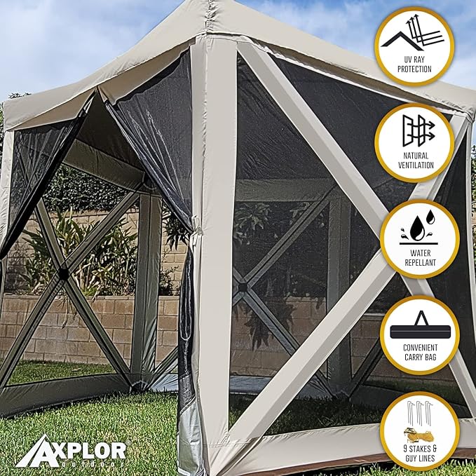 AxplorOutdoor Pop Up Canopy Screen Tent 10x10 | Camping Gazebo | Portable Outdoor Screened Room | Standing Height 5-Sided Camper With Carry Bag