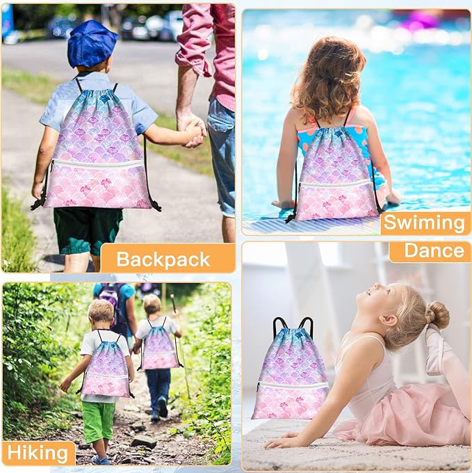 Slohif Drawstring Backpack Beach Swim Bag for Kids Draw String Dance Travel Cinch Ballet Gym Bags for Girls Boys Mermaids Waterproof Backpack for Swimming Summer Camp Pool Sports Nylon Large