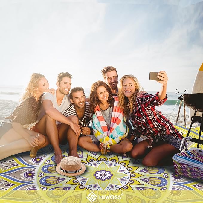 Beach Blanket Waterproof Sandproof Oversized 95”x 80”,Sand Free Beach Mat with Corner Pockets,Portable Mesh Bag for Beach Festival,Picnic,Travel and Outdoor Camping (Yellowtan)